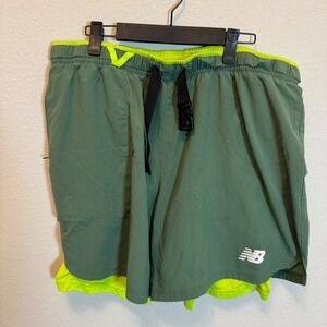 New Balance Mens Running Shorts XL 2 in 1 NB Dry Athletic Olive Green Neon